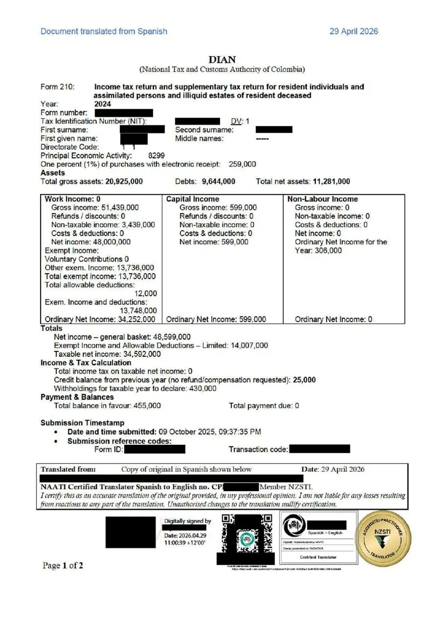 Sample NAATI-certified translation, page 1